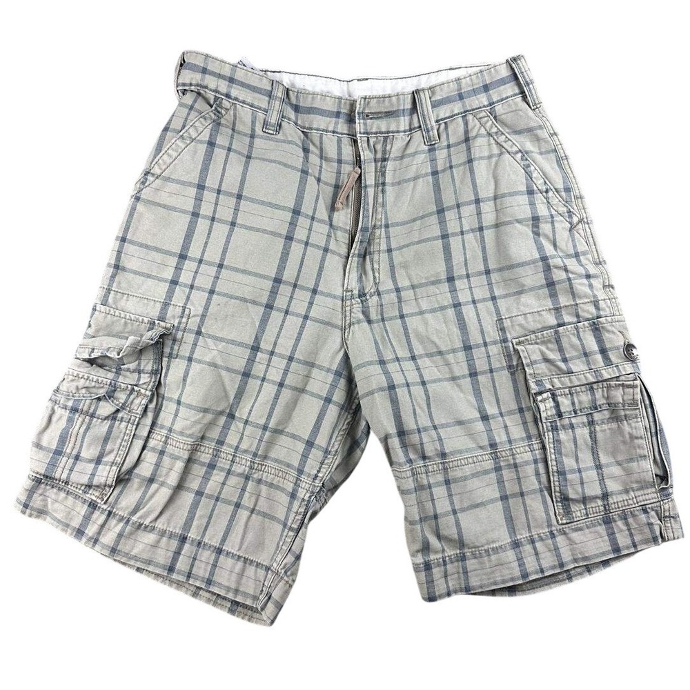 Levi's Cargo Shorts‎ Men 32 Cream Blue Plaid Check Cotton Flap Pockets Workwear
